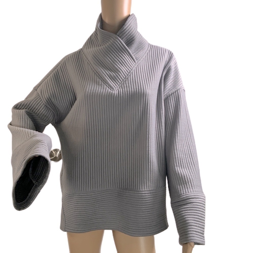Tahari Sport Grey Ribbed Long Sleeve Mock Neck Sweater Size Lg Grunge Normcore